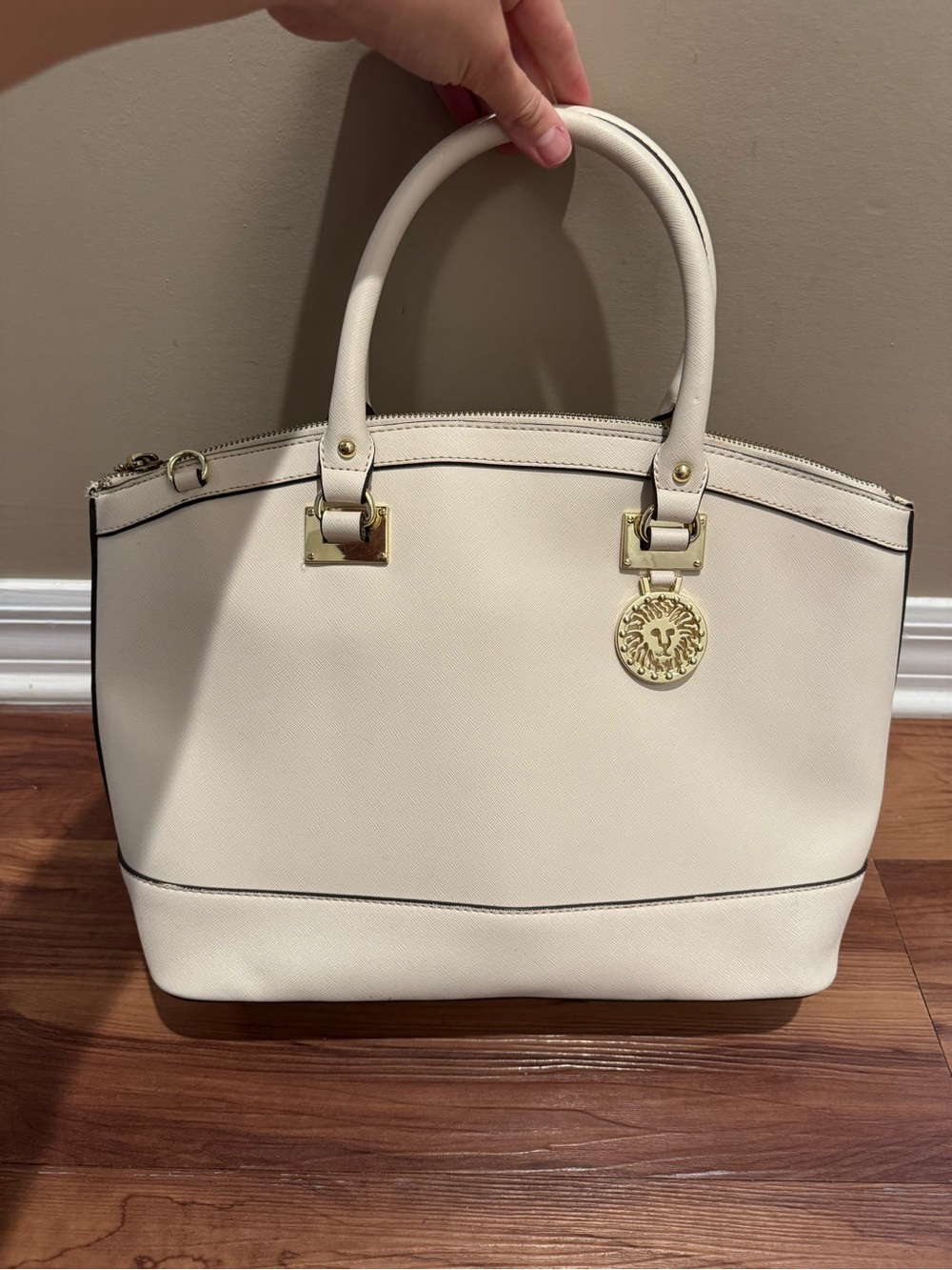 Women's Cream Satchel Handbag with Gold Medallion